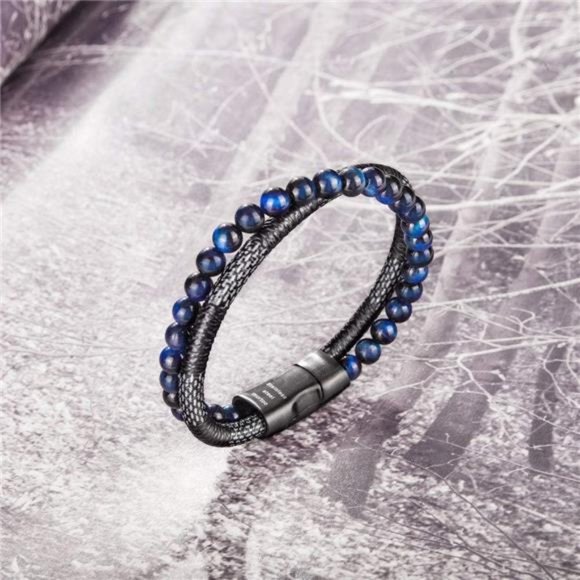 Mens Bead Leather Bracelet Natural Bead Steel + Leather Bracelet Christmas Gift - Picture 5 of 7